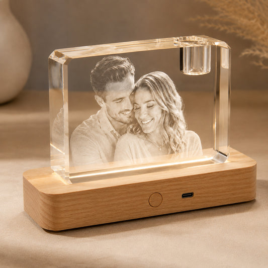 CouplePersonalized 3D Crystal Photo Keepsake with Lighted Wood Base