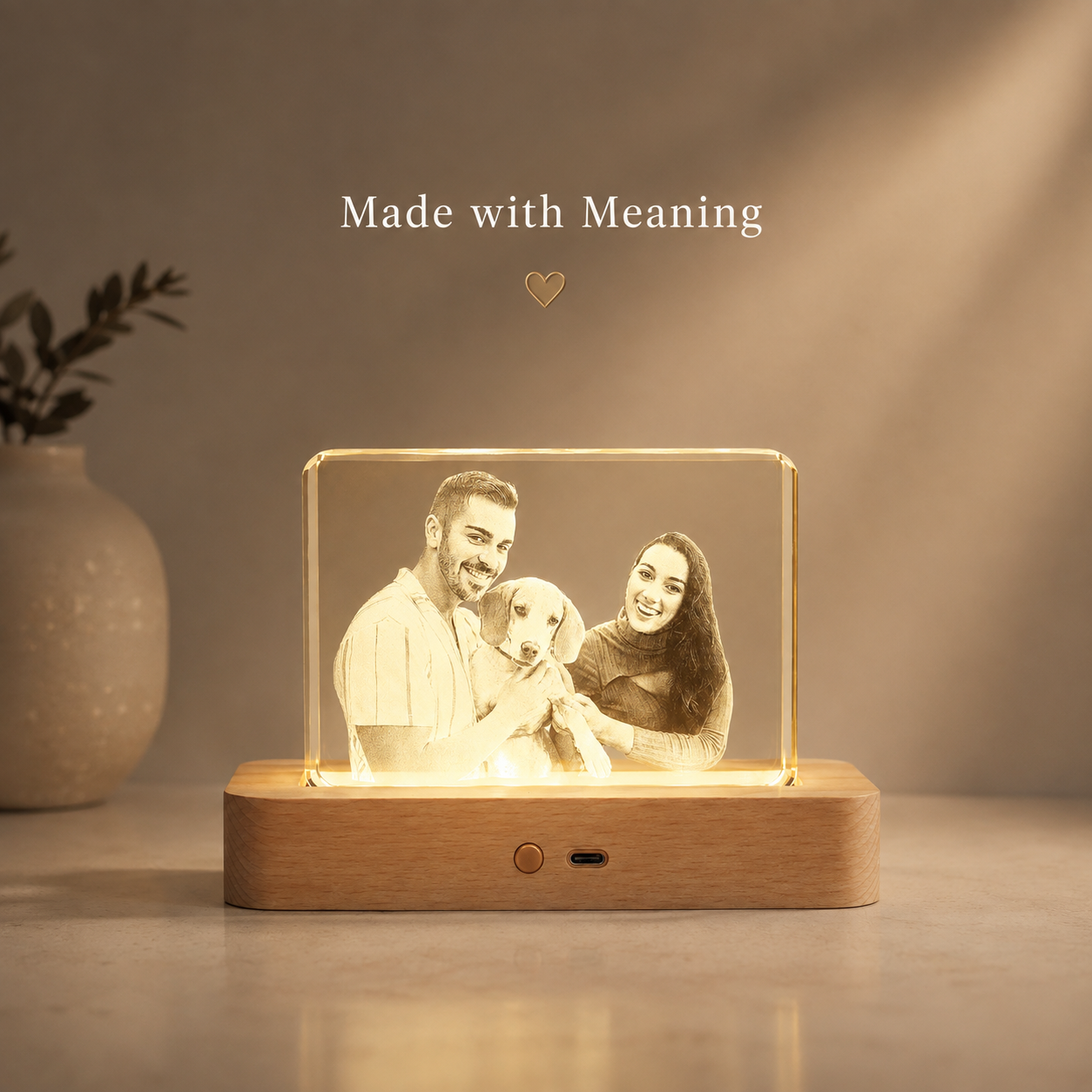 Custom 3D Crystal Pet Photo Memorial with LED Wood Base