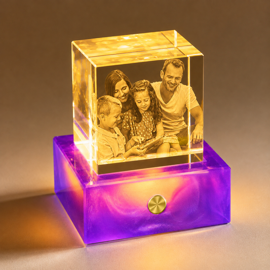 Custom 3D Crystal Photo Night Light with Aurora Purple Base