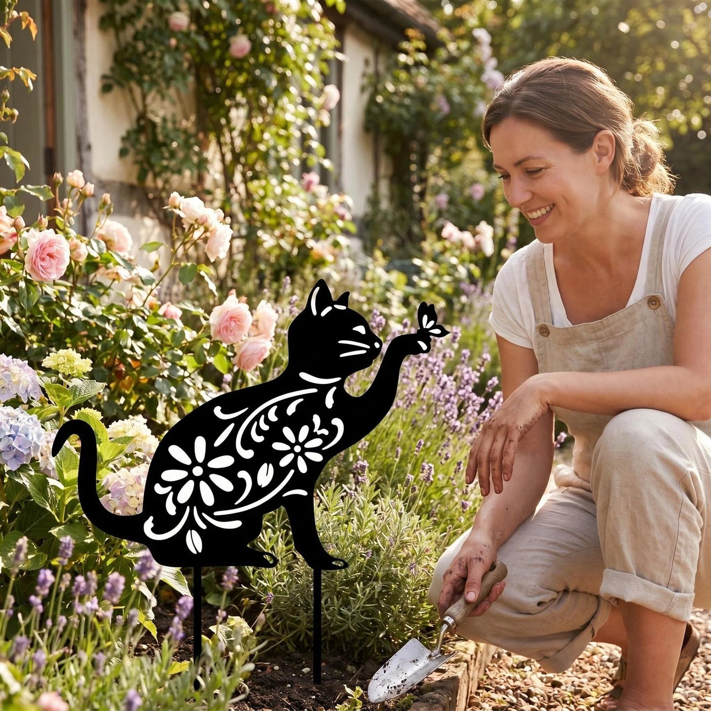 Floral Cat & Butterfly Metal Garden Stake additional product view