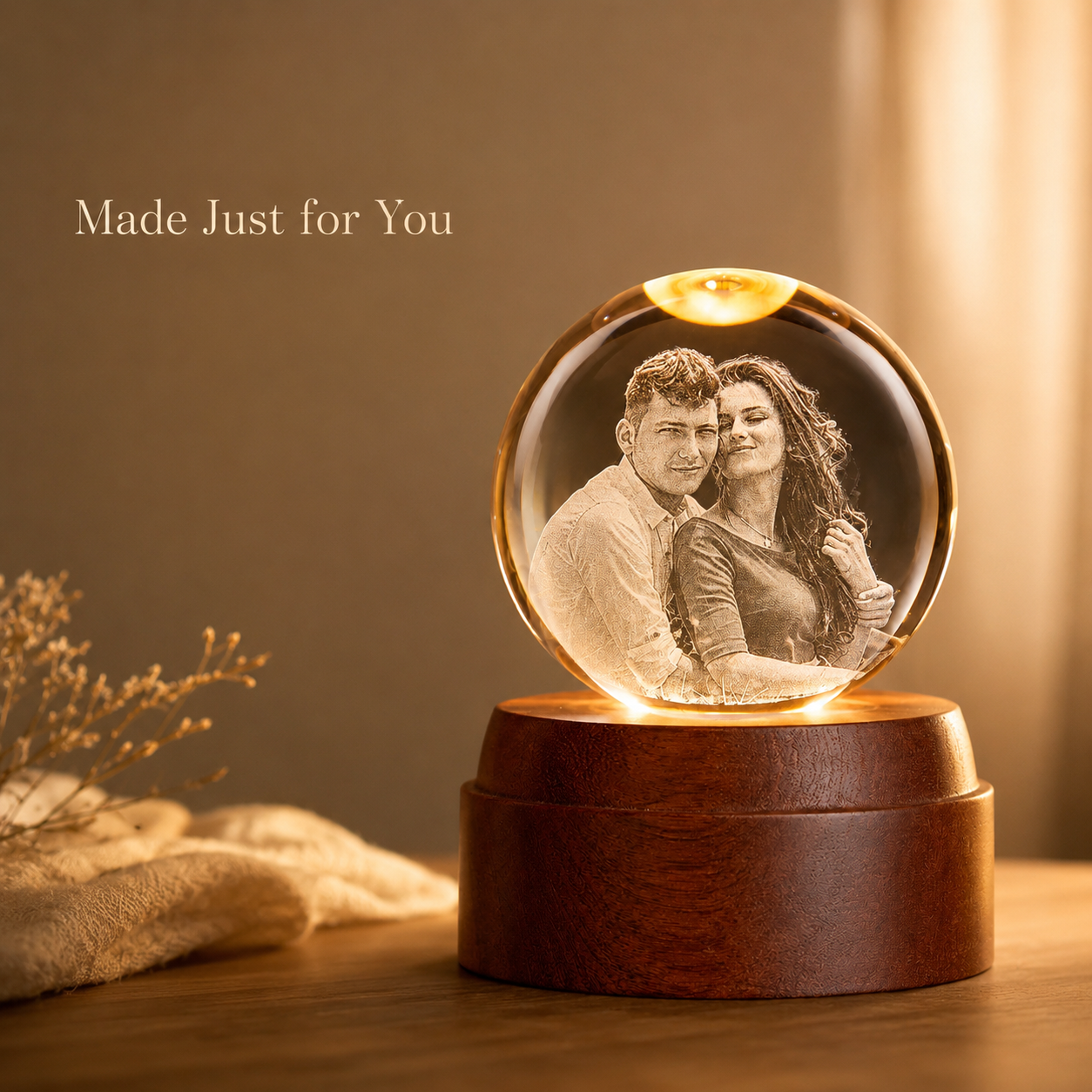 Personalized 3D Crystal Photo Night Light with Sapele Wood Base