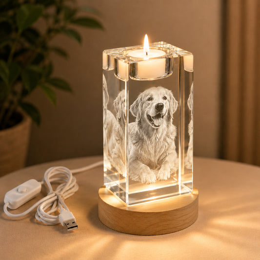 Custom 3D Pet Photo Crystal Memorial Candle Holder with Wood Base