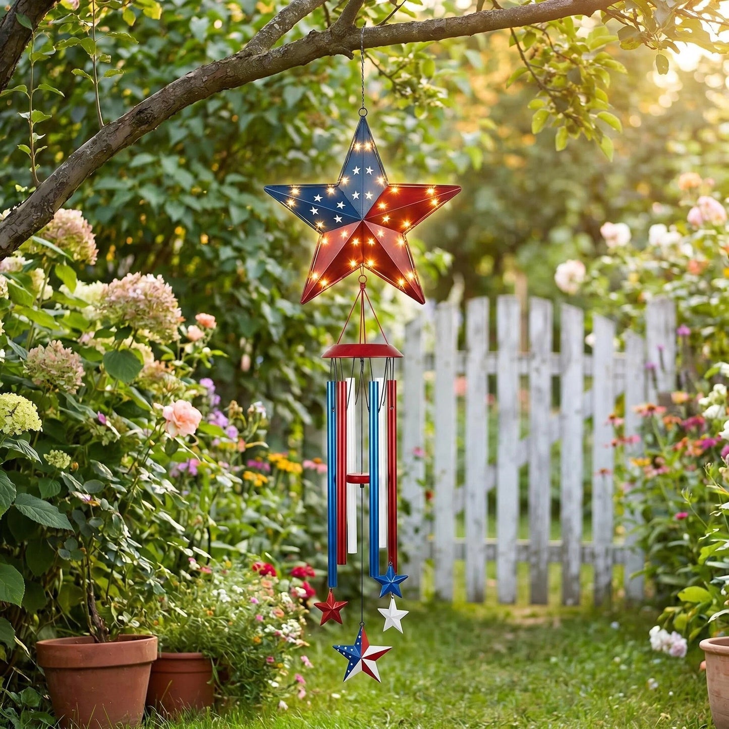 American Star Wind Chime - Solar Metal Garden Decor