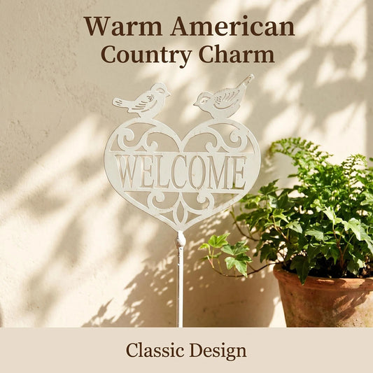 Welcome Garden Stake - Heart & Bird Metal Yard Decor