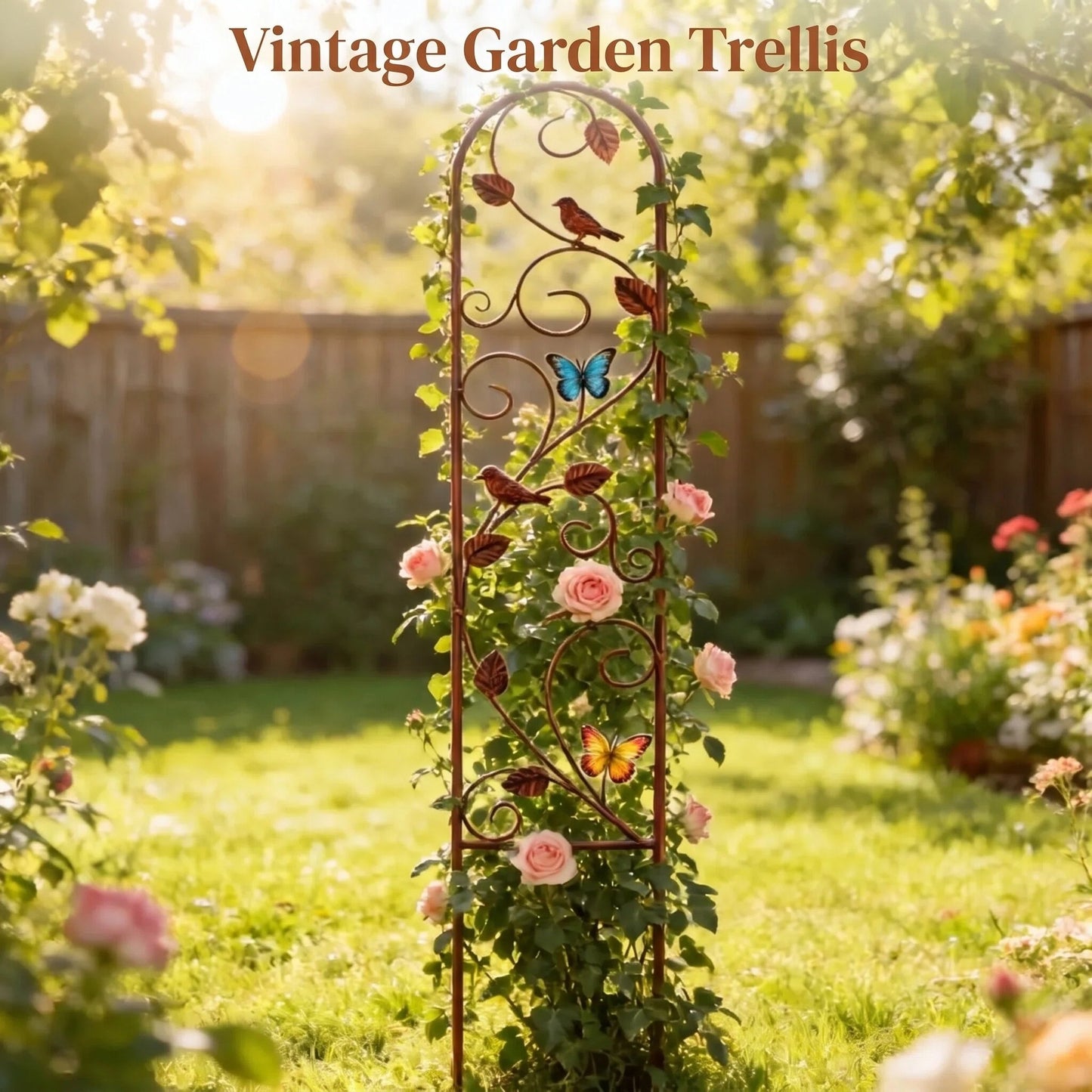 Metal Garden Trellis with Bird & Butterfly, Rustic Support