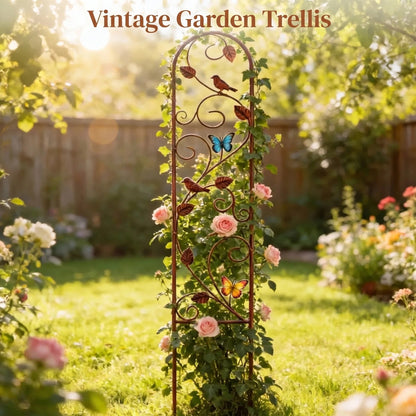 Metal Garden Trellis with Bird & Butterfly, Rustic Support
