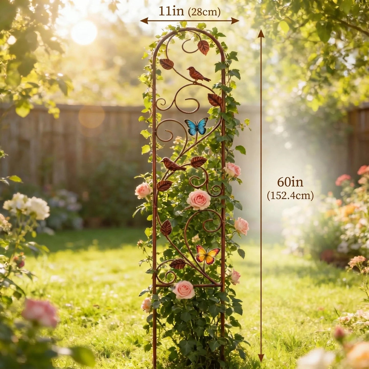 Metal Garden Trellis with Bird & Butterfly, Rustic Support