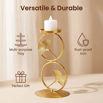 Gold Ginkgo Leaf Candle Holder, Minimalist Metal Decor