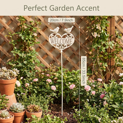 Welcome Garden Stake - Heart & Bird Metal Yard Decor