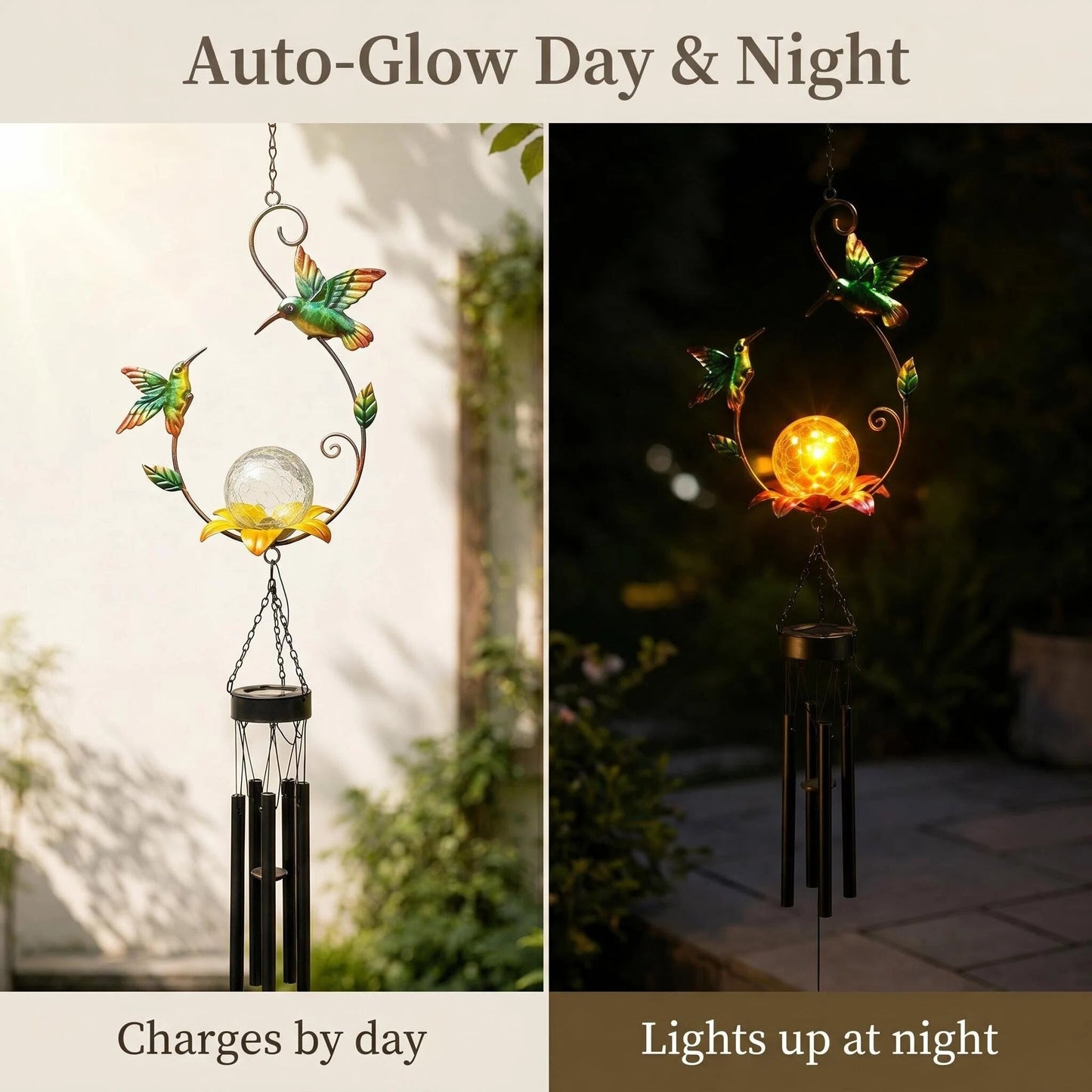 Solar Hummingbird Wind Chime - Outdoor Metal Garden Decor