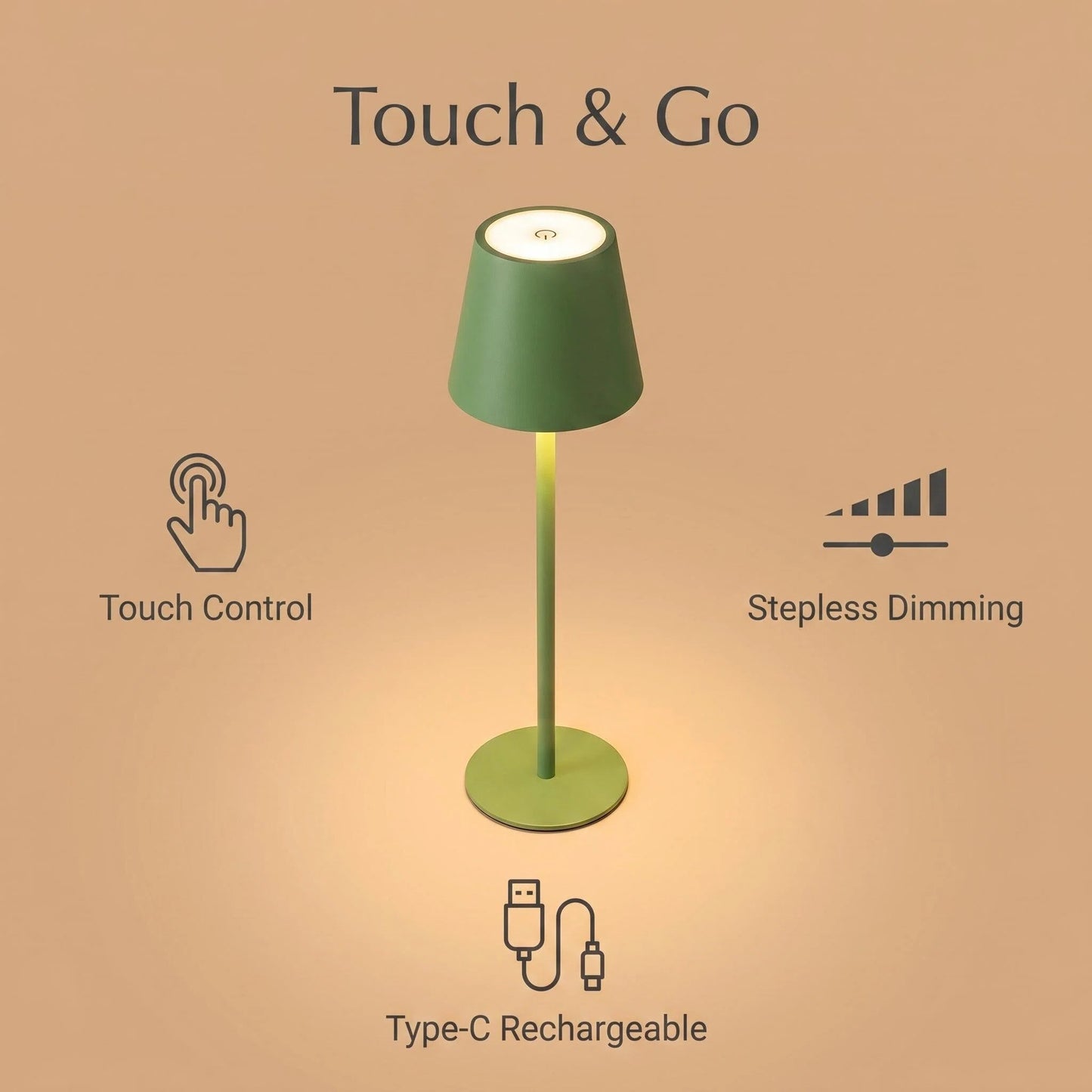 Cordless LED Table Lamp, Modern Metal Touch Light