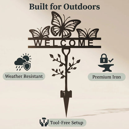 Metal Butterfly Welcome Sign Garden Stake Yard Decor