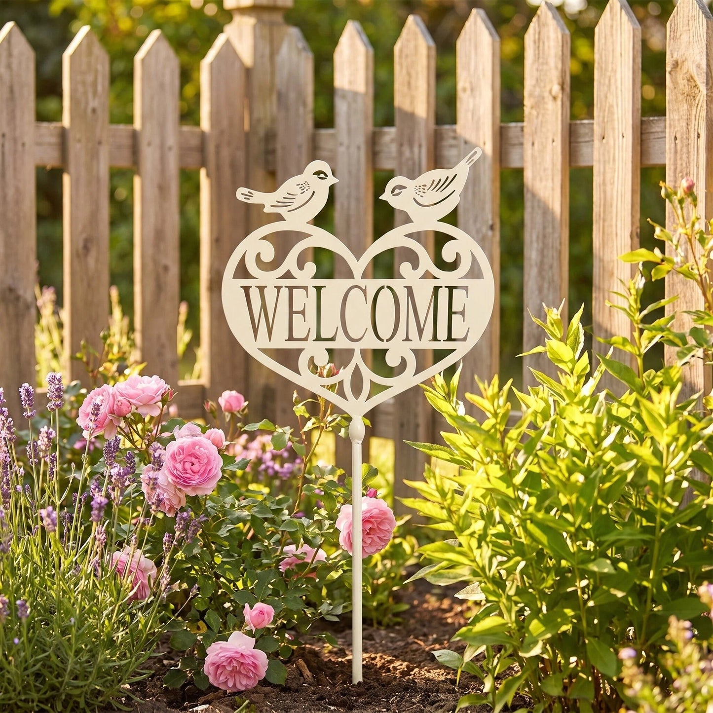 Welcome Garden Stake - Heart & Bird Metal Yard Decor