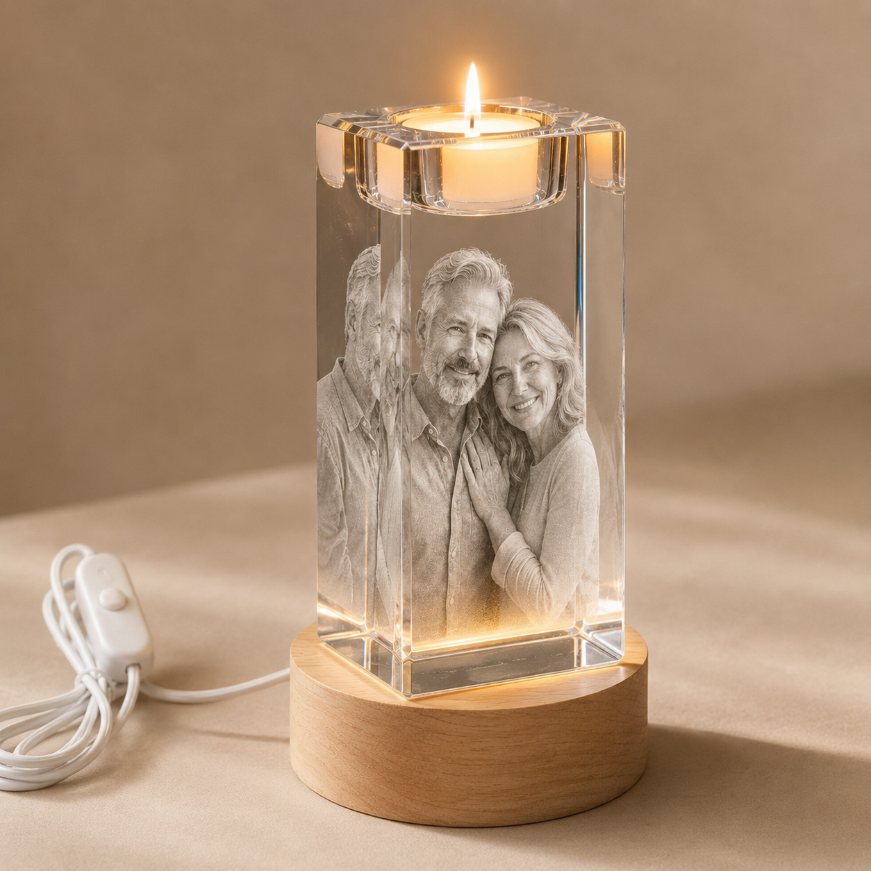 Personalized 3D Crystal Photo Candle Holder with Wood Base