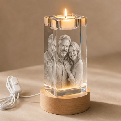 Personalized 3D Crystal Photo Candle Holder with Wood Base