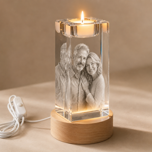 Personalized 3D Crystal Photo Candle Holder with Wood Base