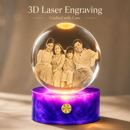 Personalized 3D Crystal Photo Globe Night Light with Purple Base