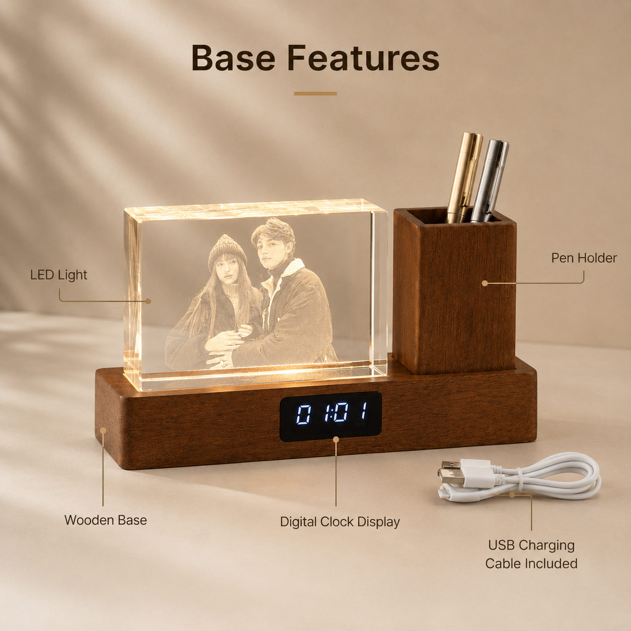 Personalized 3D Crystal Photo Desk Organizer with Clock & Pen Holder