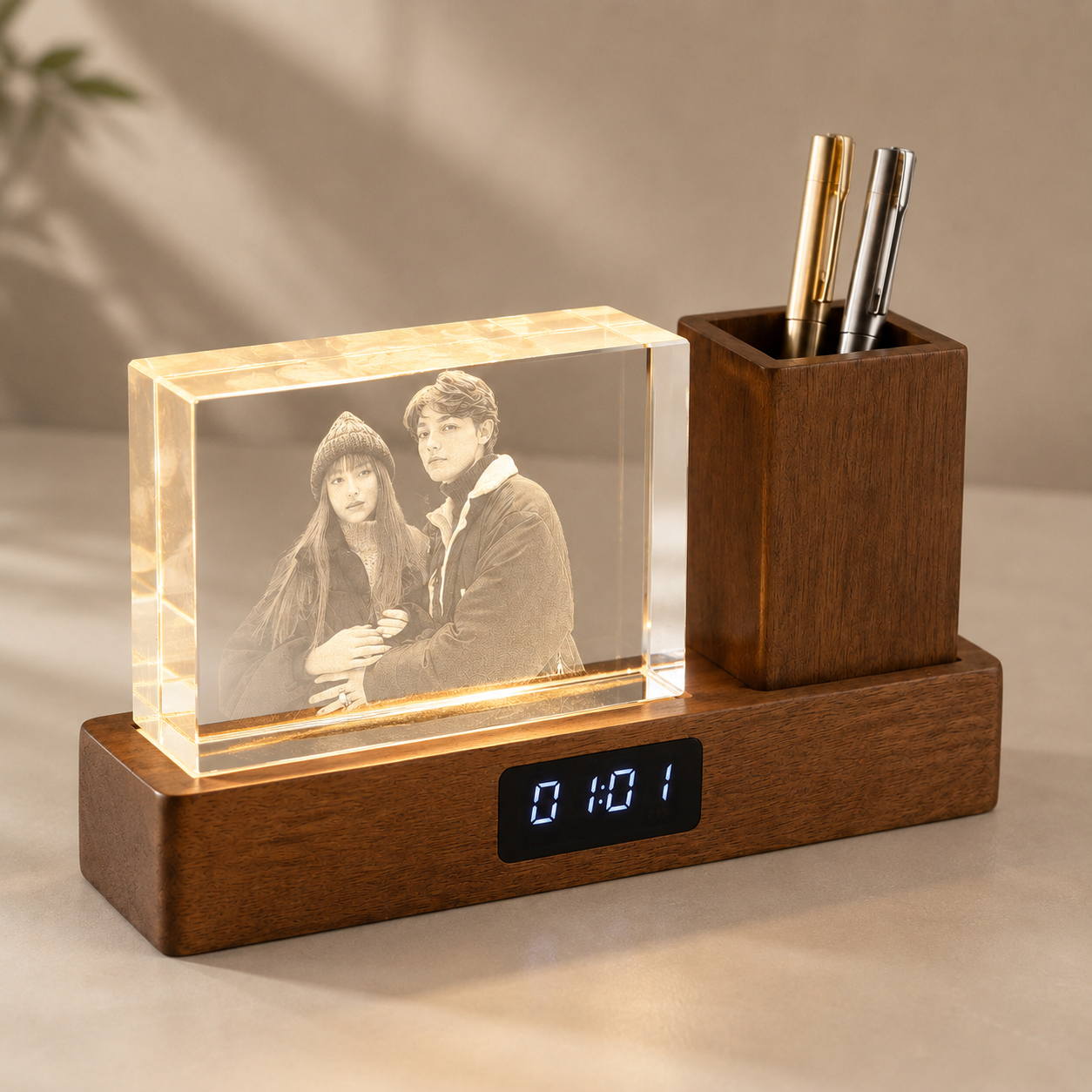 Personalized 3D Crystal Photo Desk Organizer with Clock & Pen Holder