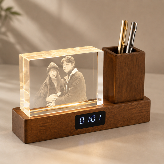 Personalized 3D Crystal Photo Desk Organizer with Clock & Pen Holder