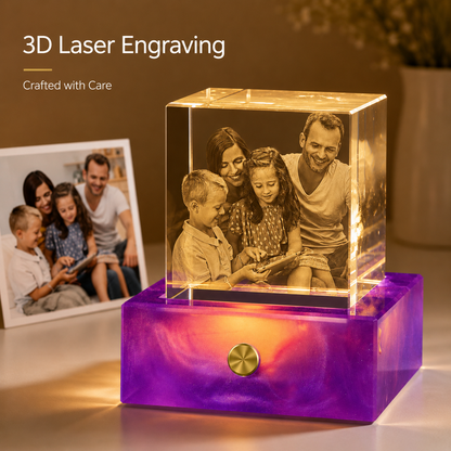 Custom 3D Crystal Photo Night Light with Aurora Purple Base