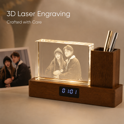 Personalized 3D Crystal Photo Desk Organizer with Clock & Pen Holder