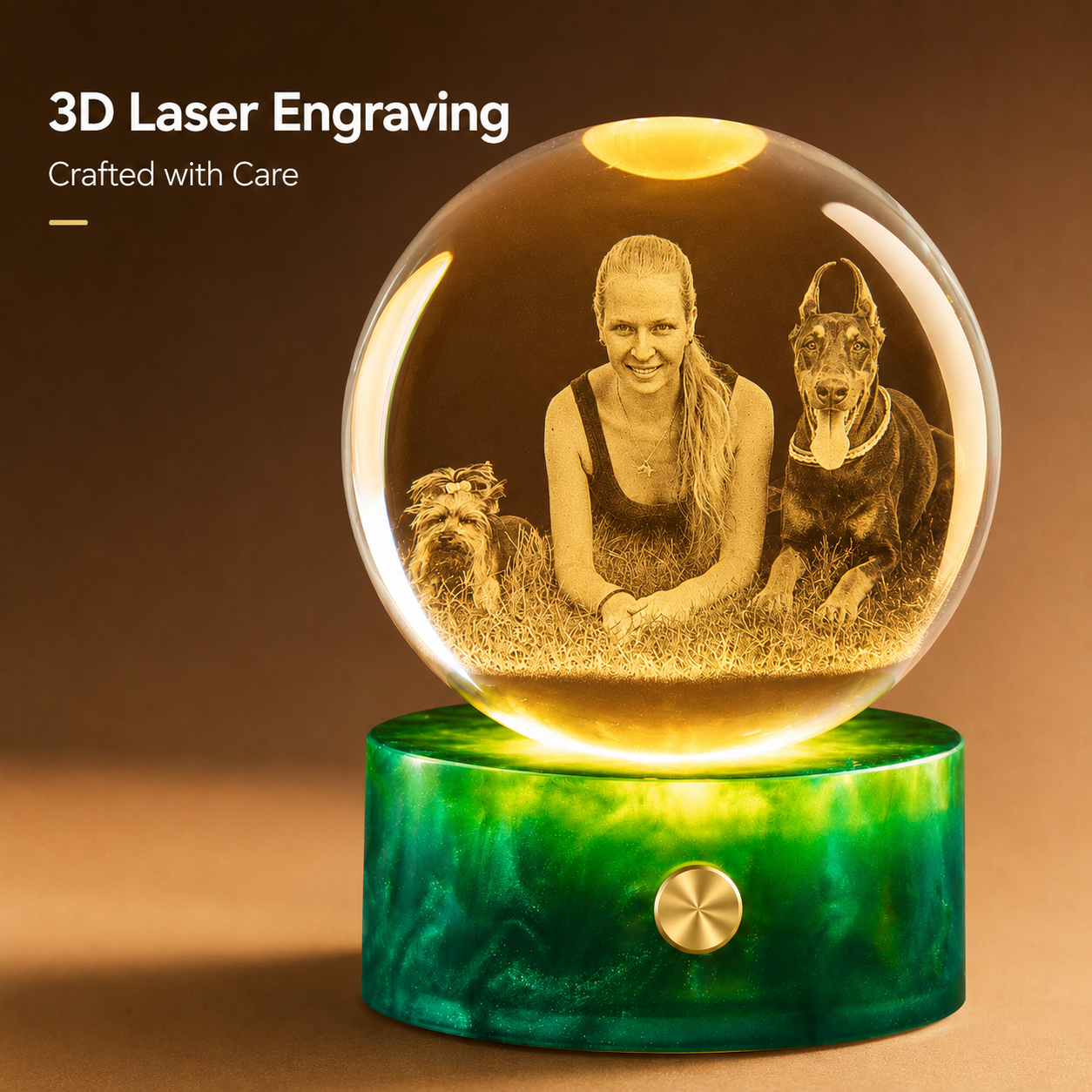 Personalized 3D Crystal Photo Globe Night Light with Green Base