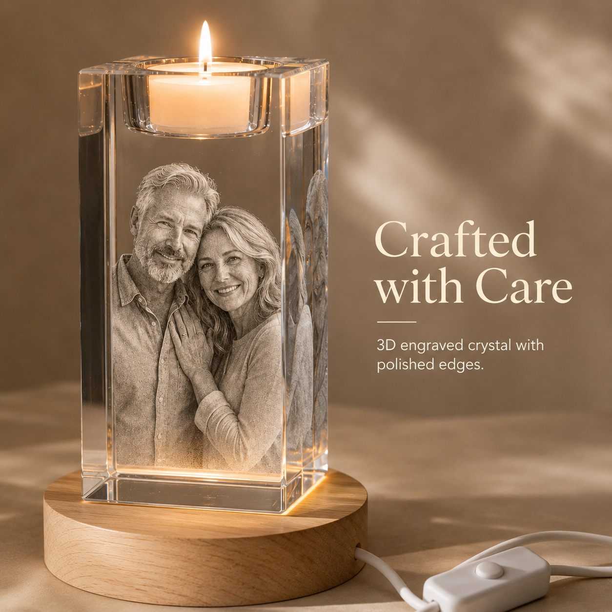 Personalized 3D Crystal Photo Candle Holder with Wood Base