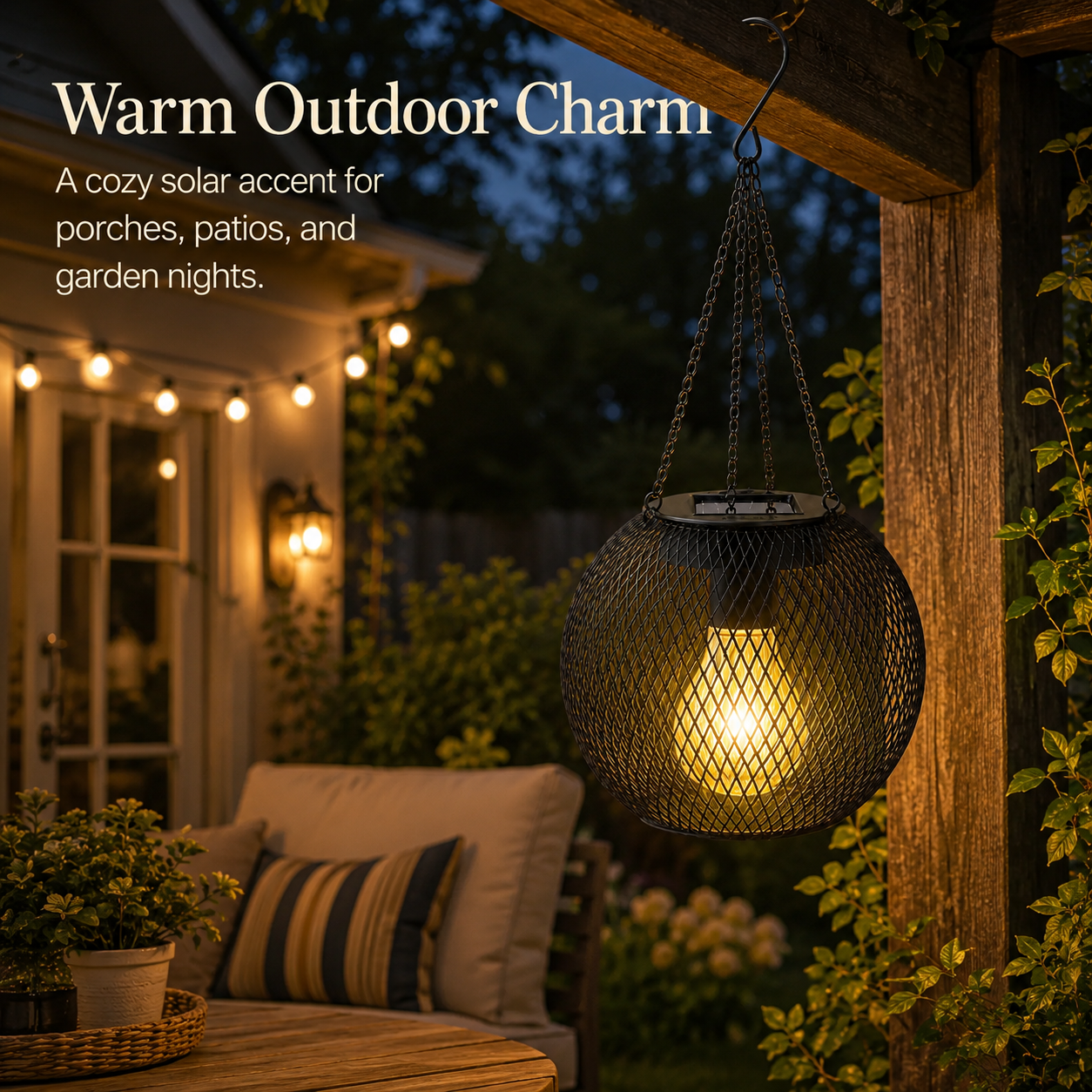 Solar Hanging Lantern with Metal Mesh for Patio & Garden