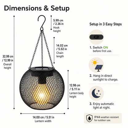 Solar Hanging Lantern with Metal Mesh for Patio & Garden