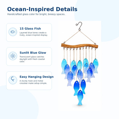 Blue Glass Fish Wind Chime with 15 Fish for Patio & Garden