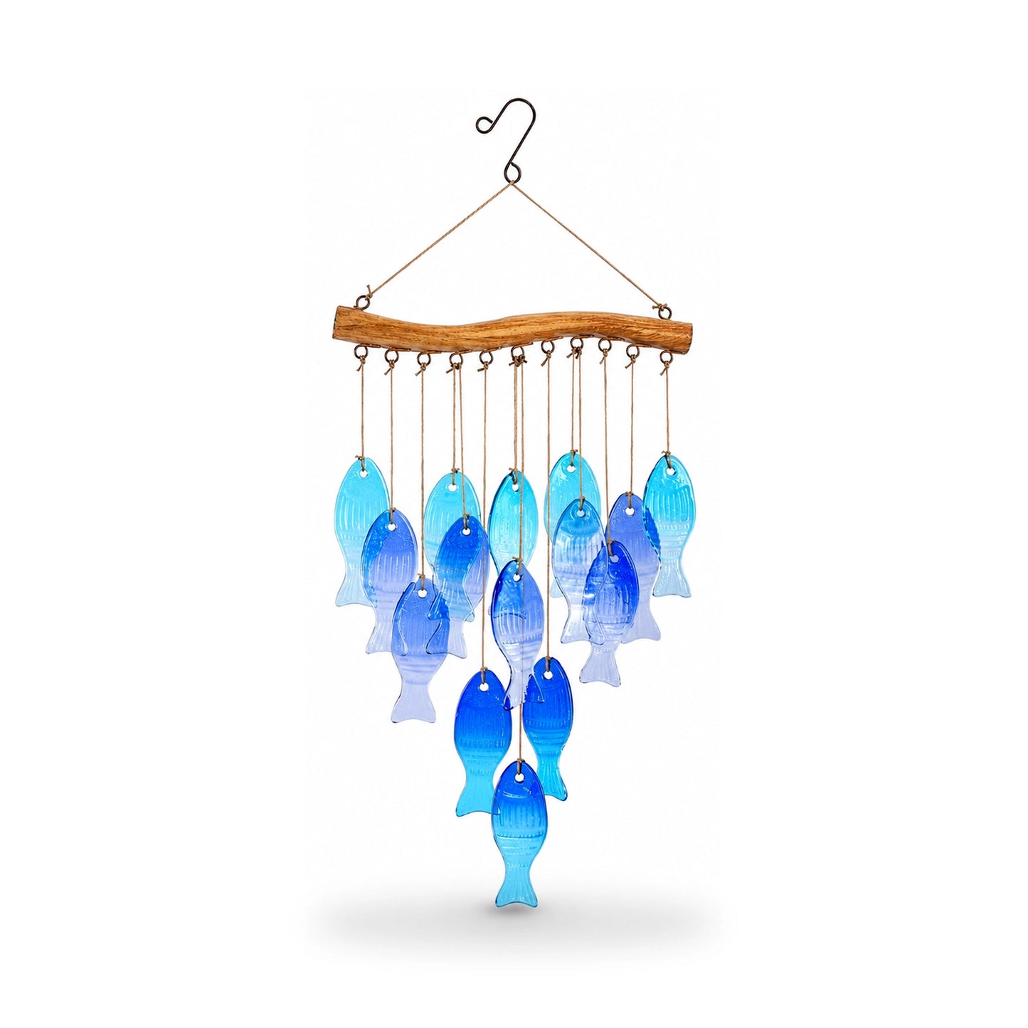 Blue Glass Fish Wind Chime with 15 Fish for Patio & Garden