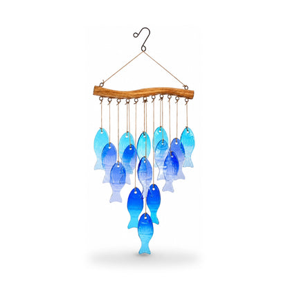 Blue Glass Fish Wind Chime with 15 Fish for Patio & Garden