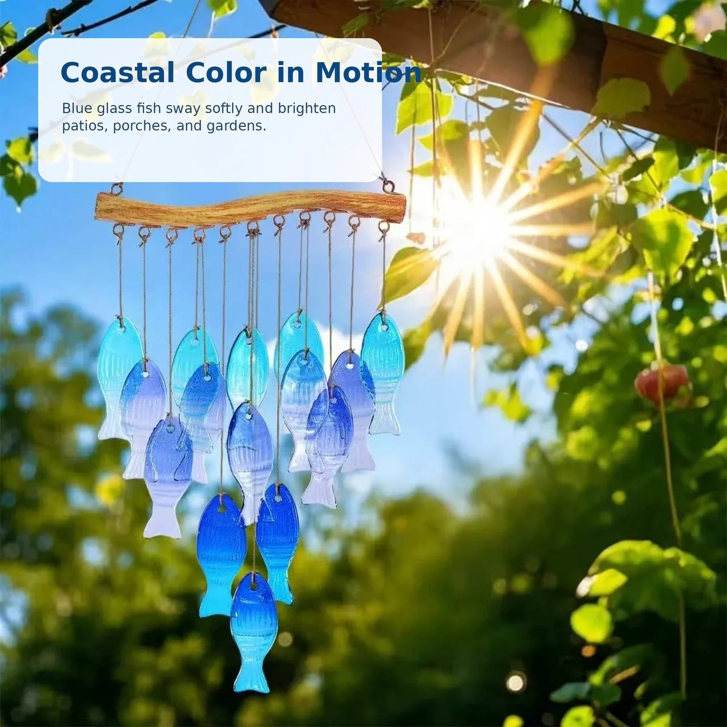 Blue Glass Fish Wind Chime with 15 Fish for Patio & Garden