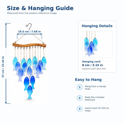 Blue Glass Fish Wind Chime with 15 Fish for Patio & Garden