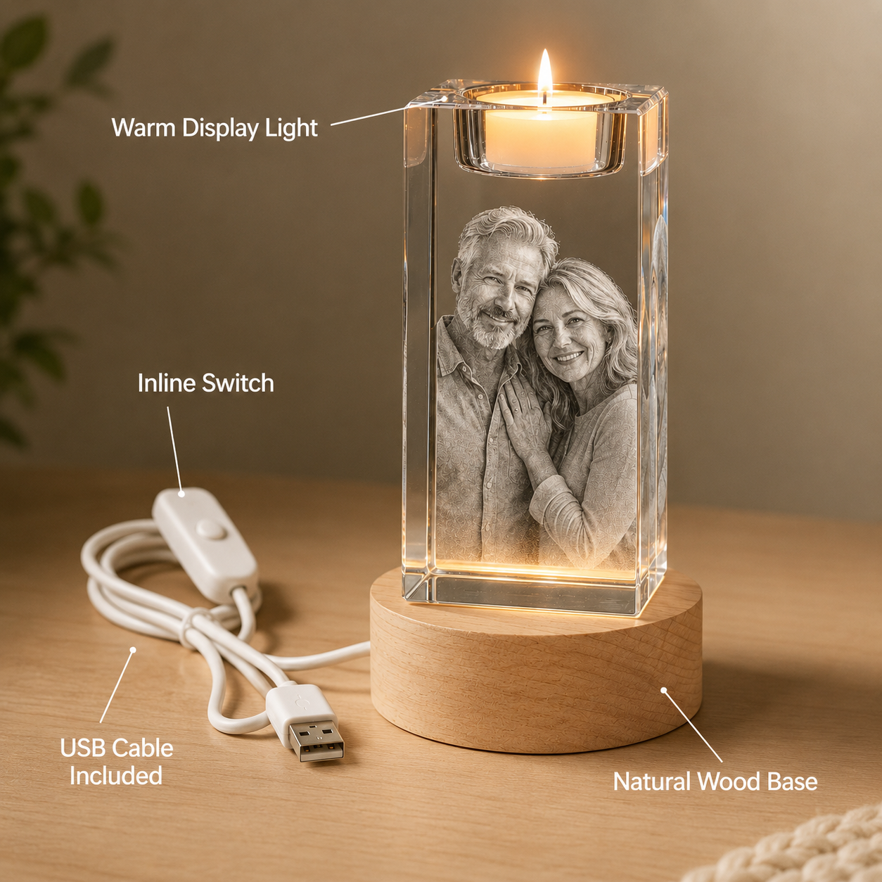 Personalized 3D Crystal Photo Candle Holder with Wood Base