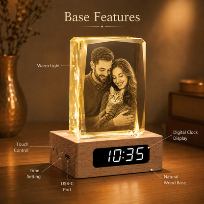 Custom 3D Crystal Photo Keepsake with Lighted Clock Wood Base