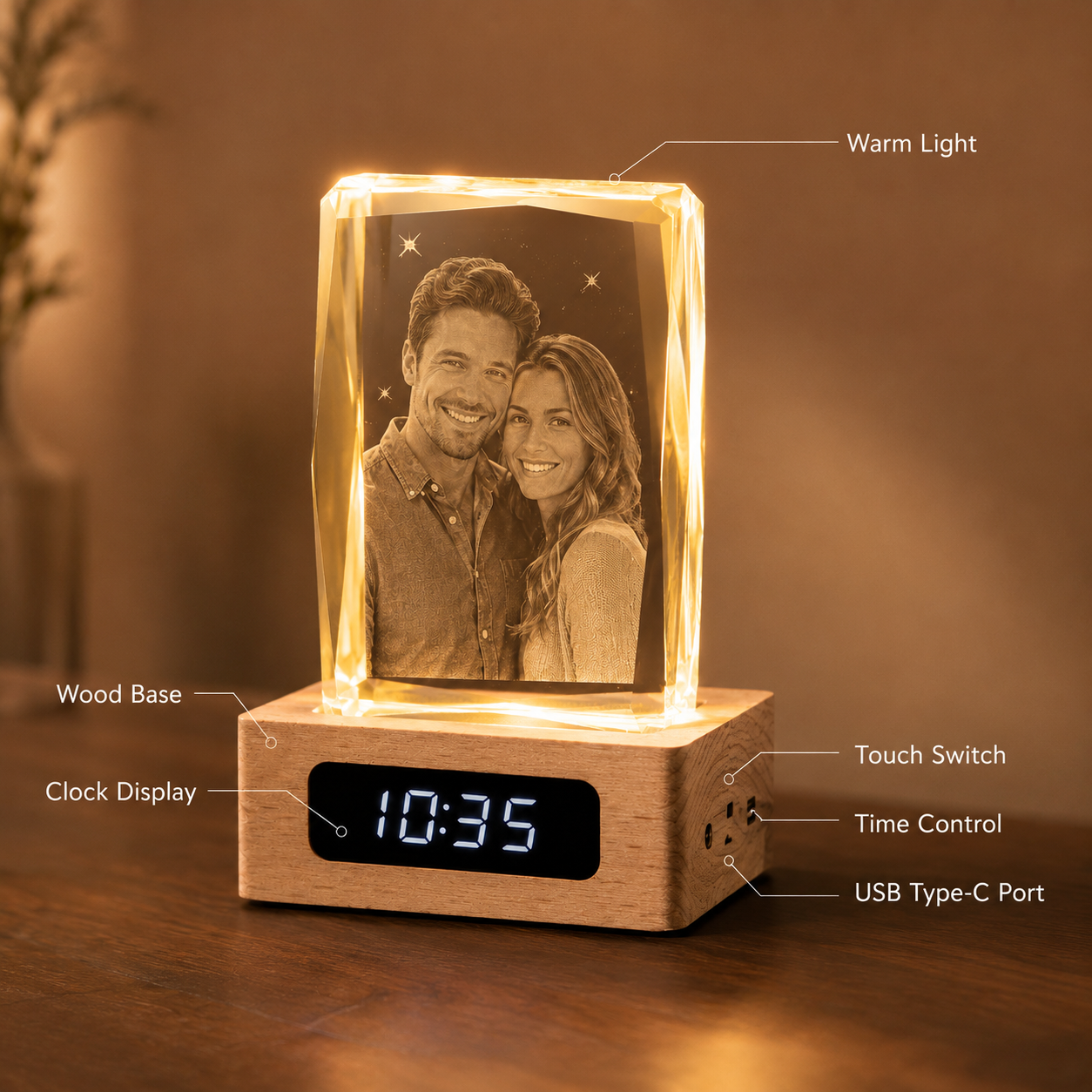 Personalized 3D Crystal Couple Photo Clock with Wood Base