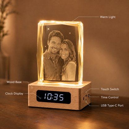 Personalized 3D Crystal Couple Photo Clock with Wood Base