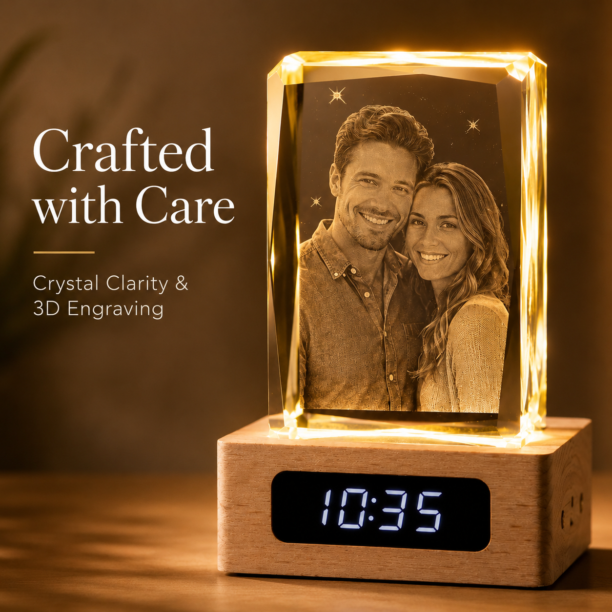 Personalized 3D Crystal Couple Photo Clock with Wood Base