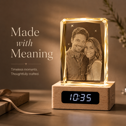 Personalized 3D Crystal Couple Photo Clock with Wood Base