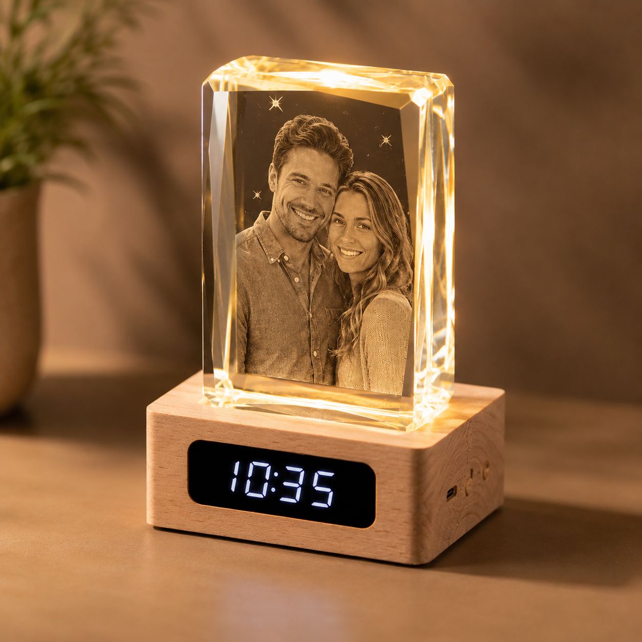 Personalized 3D Crystal Couple Photo Clock with Wood Base