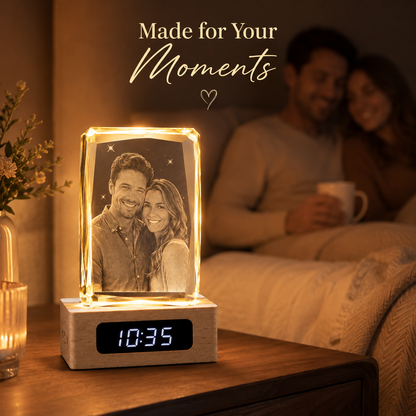 Personalized 3D Crystal Couple Photo Clock with Wood Base