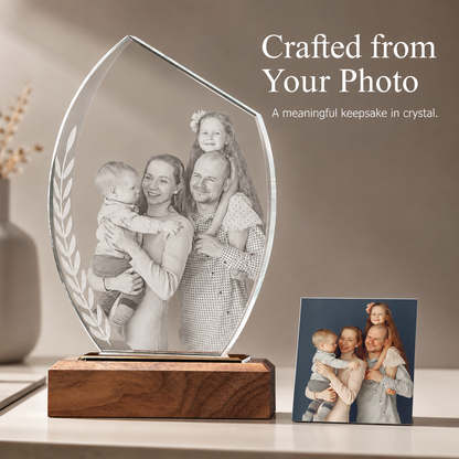 Personalized Crystal Family Photo Keepsake with Solid Wood Base