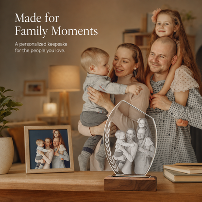 Personalized Crystal Family Photo Keepsake with Solid Wood Base