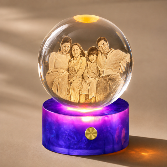 Personalized 3D Crystal Photo Globe Night Light with Purple Base