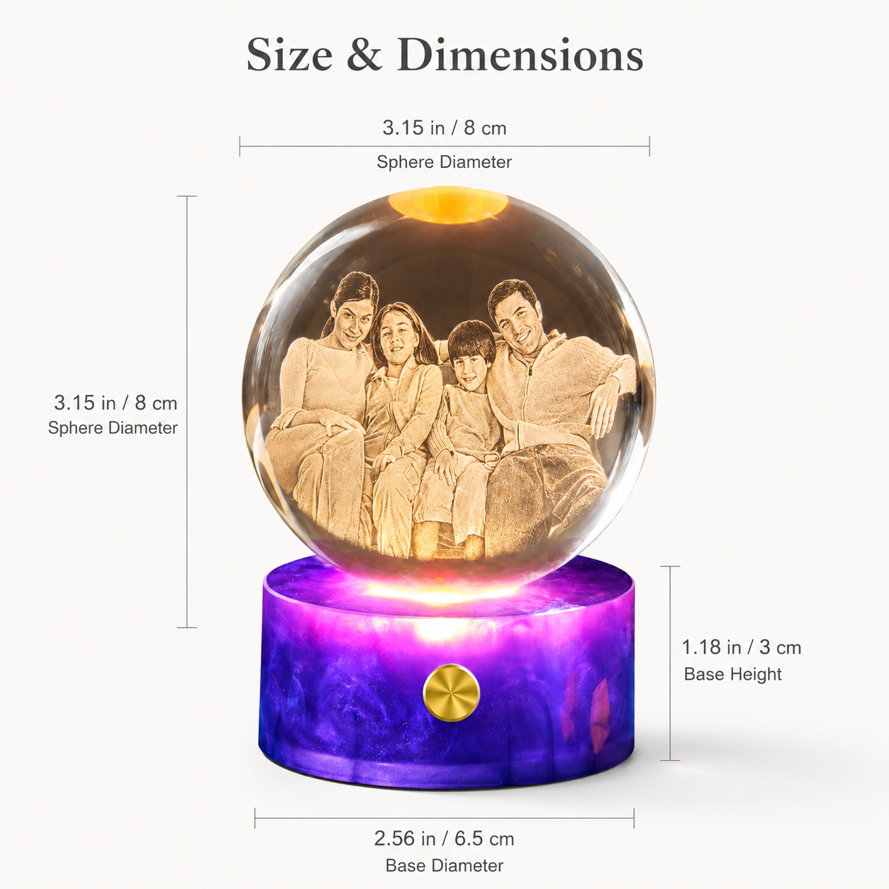 Personalized 3D Crystal Photo Globe Night Light with Purple Base