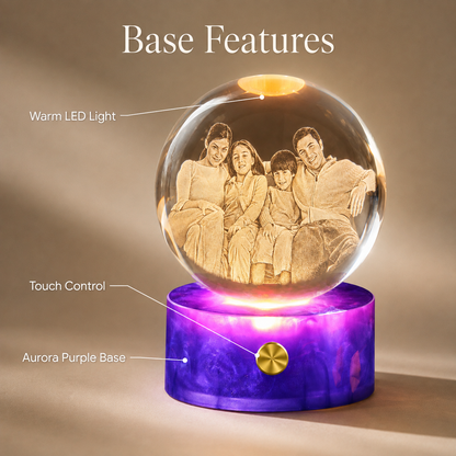 Personalized 3D Crystal Photo Globe Night Light with Purple Base