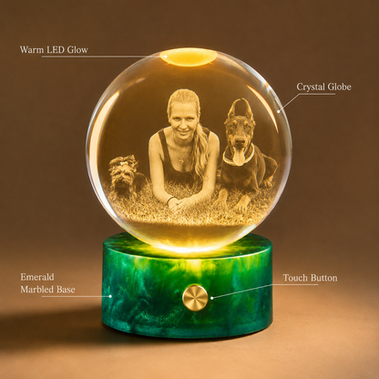 Personalized 3D Crystal Photo Globe Night Light with Green Base