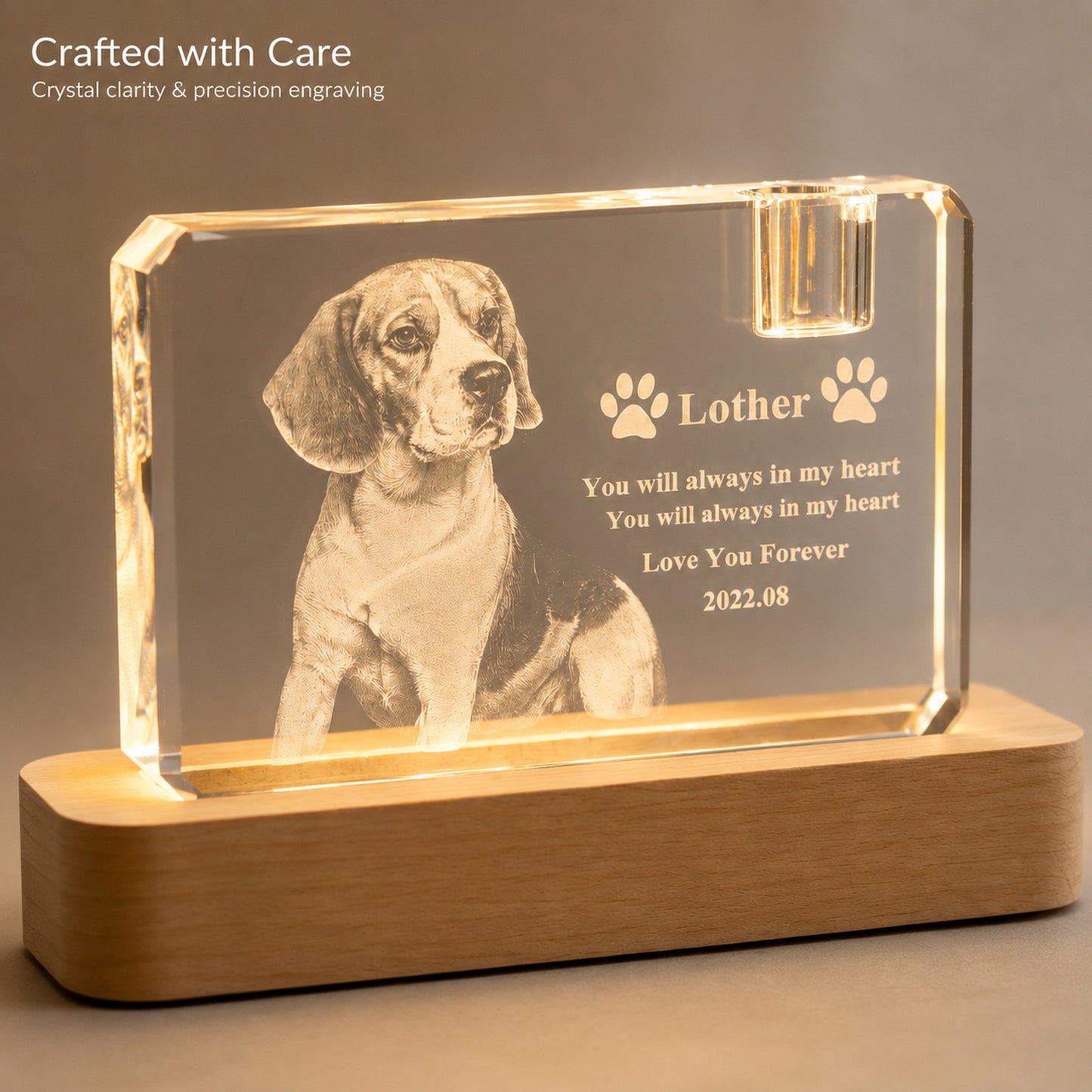 Personalized 3D Crystal Pet Memorial with LED Wood Base